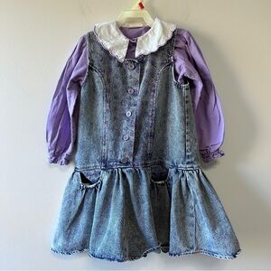 Vintage Girls 6X Purple Denim Dress Flannel Purple Shirt White Collar *Flaw
